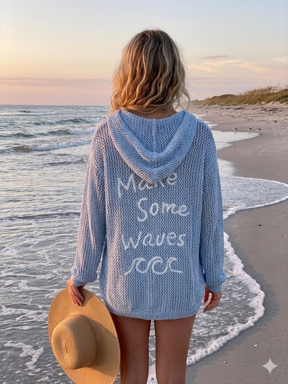 Surf Gypsy Blue Hooded Knit Beach Cover-Up with "Make Some Waves"